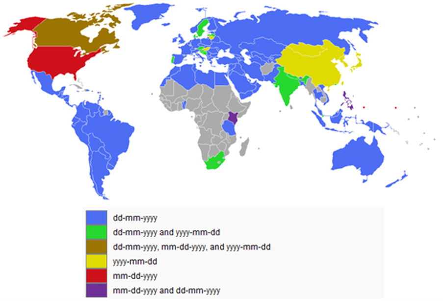 Map of the earth colour coded to which countries use which date format