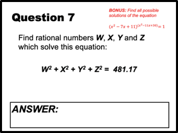 Question 7) Find rational numbers W, X, Y, and Z which solve this equation: