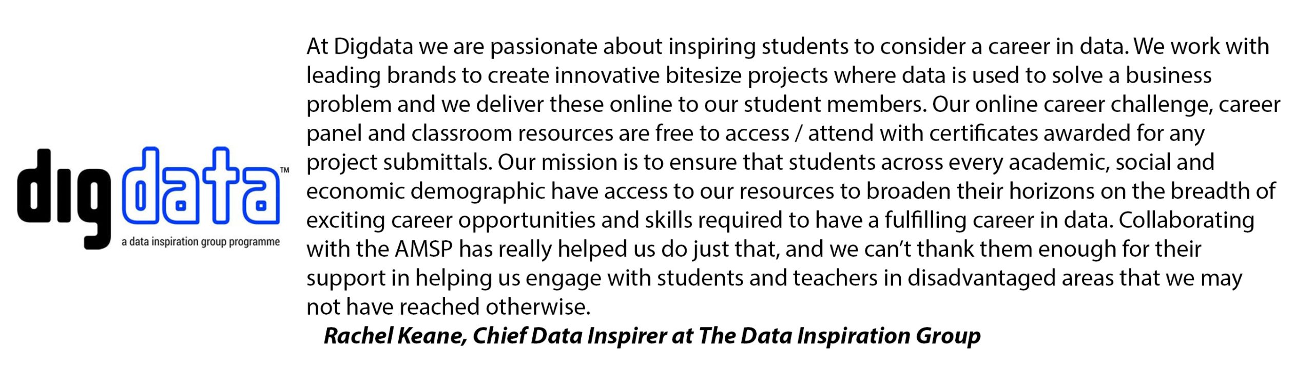 The dig data logo and a quote from Rachel Keane, chief data inspirer at the Data Inspiration Group